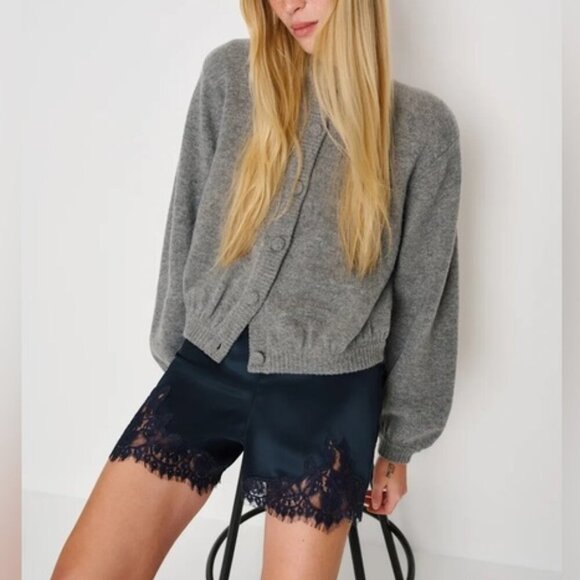 Reformation Pants - NEW Reformation Fern Midnight Navy Lace Trim Satin Shorts Elastic Waist | US S